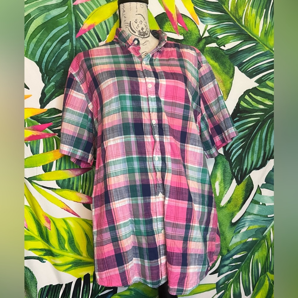 RYE Mens XLT Pink Green Short Sleeve Spring Summer Casual Plaid Button Shirt